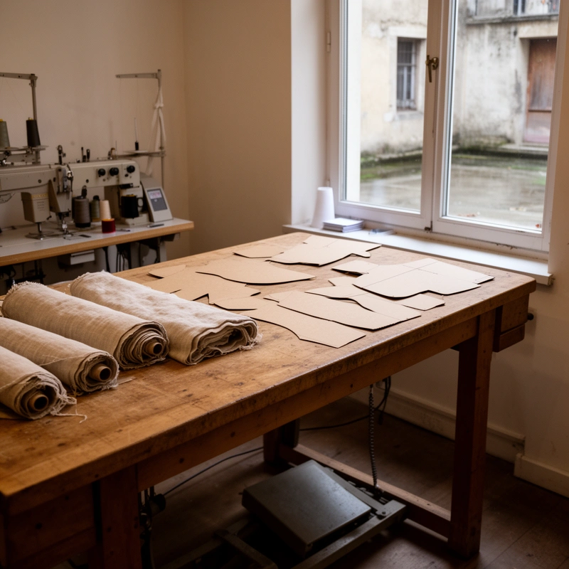 Table de coupe avec rouleaux de lin et patrons en carton dans un atelier