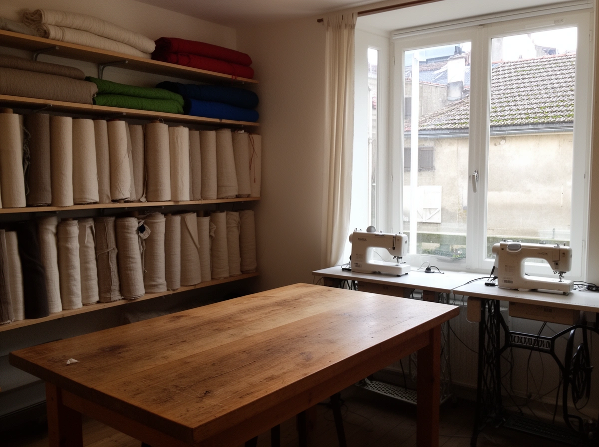 Atelier de couture avec une grande table de coupe, des rouleaux de lin et deux machines à coudre