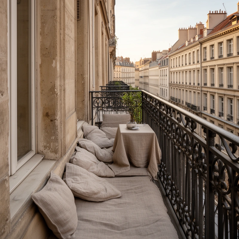 Balcon filant étroit avec garde-corps en fer forgé, coussins et nappe en lin