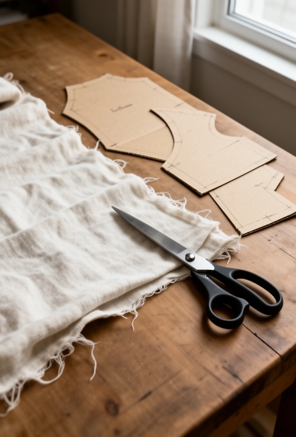 Ciseaux de tailleur qui coupent une toile de lin écrue sur une grande table