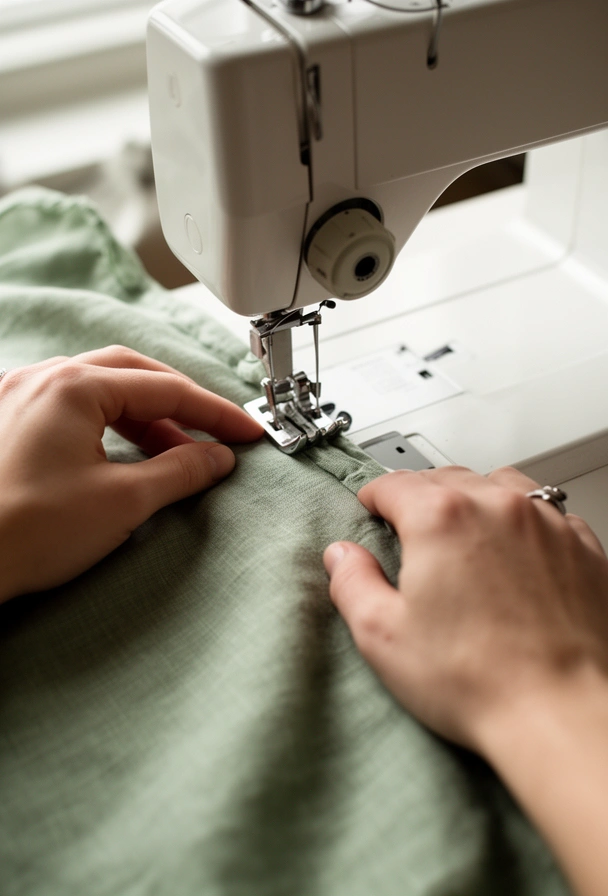Mains qui guident une toile de lin sous le pied d'une machine à coudre